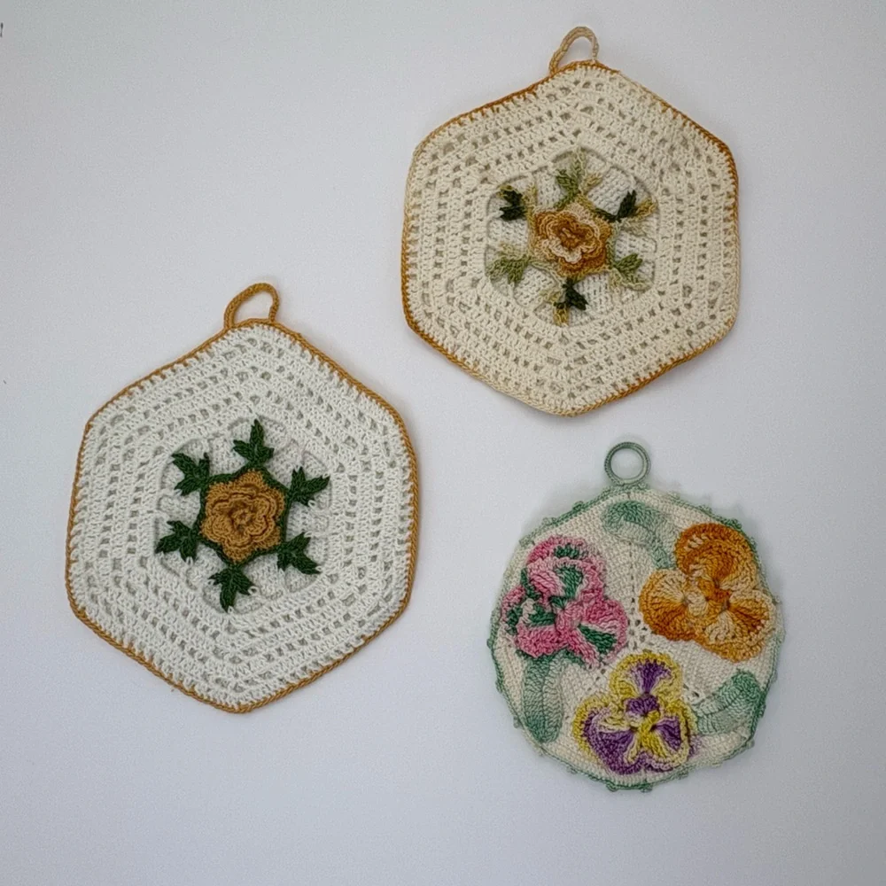 Theee Vintage Handmade Crochet Floral Pot Holders